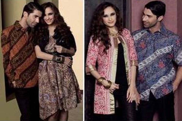 Gaun batik dengan bolero dari satin hitam (kiri), dan jas panjang batik dengan paduan warna emas dan merah yang mewah.