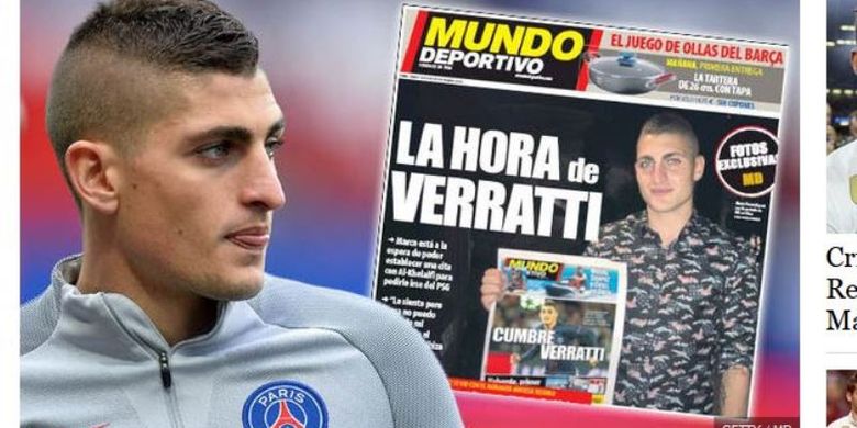 Marco Verratti dan foto posenya memegang surat kabar Catalan, El Mundo Deportivo.