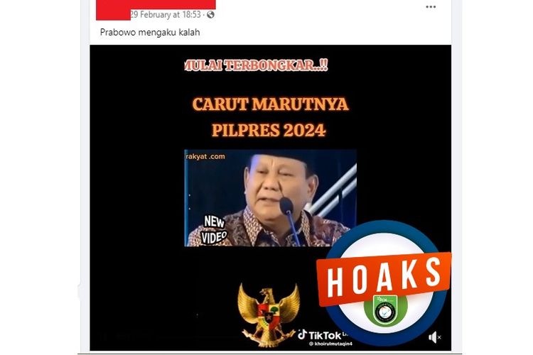 Tangkapan layar Facebook narasi yang mengeklaim Prabowo mengaku kalah di Pilpres 2024
