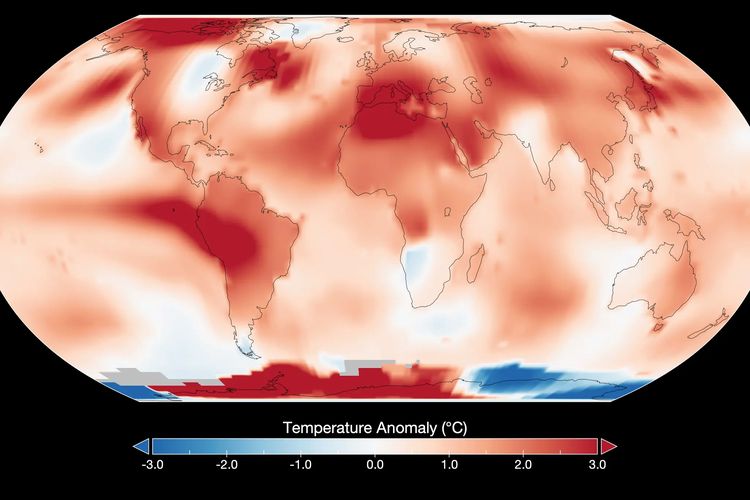 Peta yang menunjukkan anomali suhu global untuk Juli 2023 menurut analisis GISTEMP oleh para ilmuwan di Goddard Institute for Space Studies dari National Aeronautics and Space Administration (NASA). NASA menyebutkan bahwa Juli 2023 merupakan bulan terpanas sepanjang sejarah sejak pencatatan suhu dilakukan pada 1880.