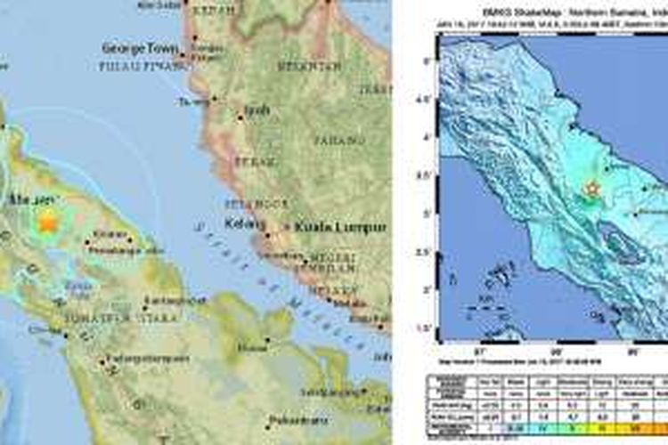 Pusat gempa di Sumatera Utara, Senin (16/1/2017) malam.