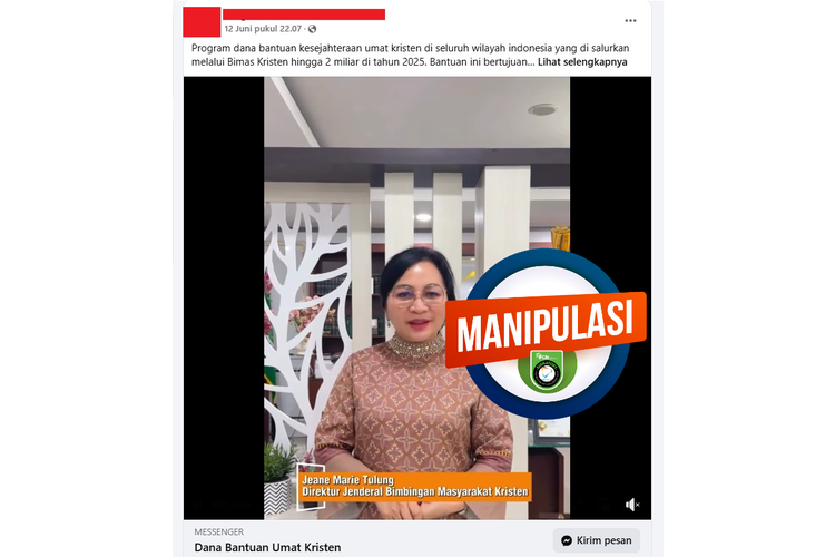 Tangkapan layar Facebook narasi yang mengeklaim Dirjen Bimas Kristen Jeane Marie Tulung menyampaikan soal pemberian dana bantuan untuk kesejahteraan umat dan pembangunan gereja. 