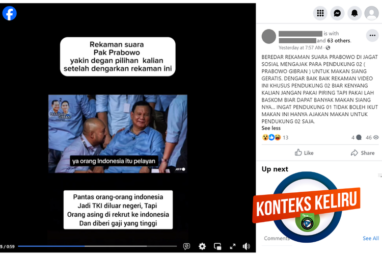 Tangkapan layar konten dengan konteks keliru di sebuah akun Facebook, Rabu (21/2/2024), soal rekaman suara Prabowo mengatakan masyarakat Indonesia adalah pelayan.