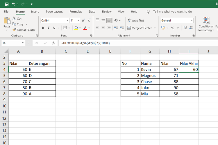 Cara menggunakan rumus HLOOKUP di Microsoft Excel.