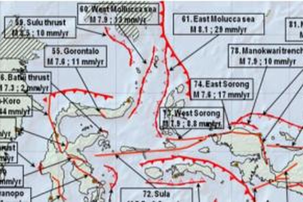 Potensi gempa di wilayah Sulawesi Utara dan Maluku Tinggi. Potensi gempa maksimum mencapai magnitudo 8,1.