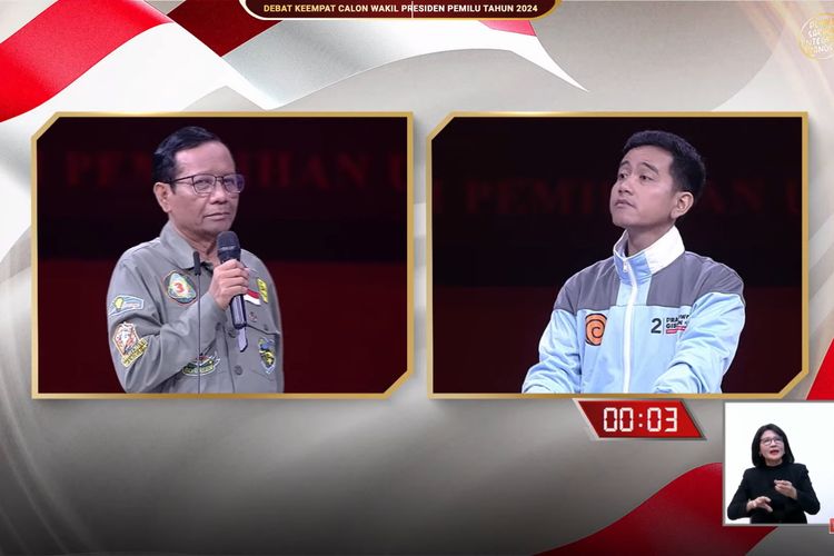 Cawapres nomor urut 3 Mahfud MD dalam debat pilpres ke-4, Minggu (21/1/2024).