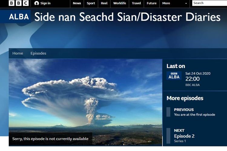 Tangkapan layar laman BBC tentang erupsi Gunung di Chili