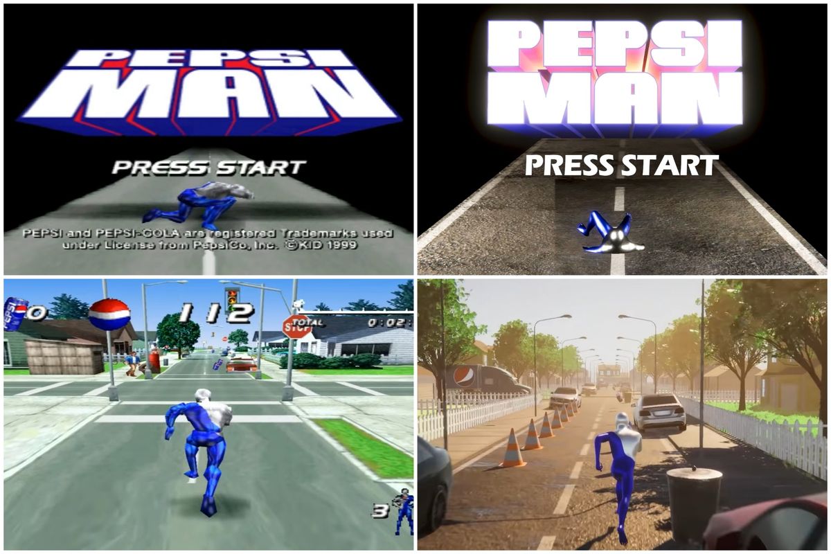 Ilustrasi game Pepsiman orisinal (kiri) dan Pepsiman buatan gamerjv (kanan).