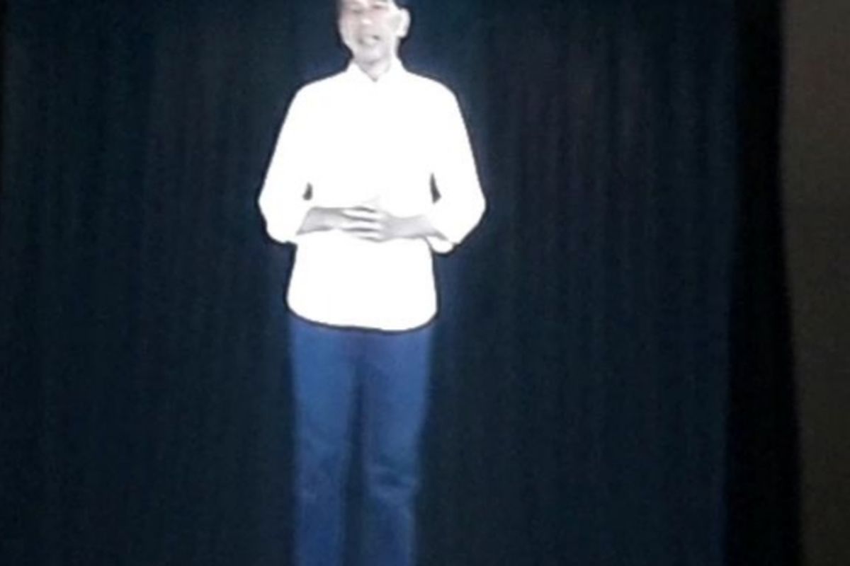 Hologram Calon Presiden nomor urut 01, Joko Widodo ditampilkan di Job Fair Nasional ke 19 2019 di Harris Conventio Hall Summarecon Bekasi, Medan Satria, Kota Bekasi, Kamis (4/4/2019).