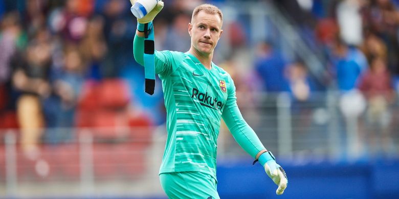 Kiper Barcelona, Marc-Andre Ter Stegen. Ter Stegen berpeluang menyamai rekor 7 kali nirbobol saat melawan Real Madrid milik Victor Valdes pada laga El Clasico pekan ke-26 Liga Spanyol 2022-2023, Senin (20/3/2023) dini hari WIB.