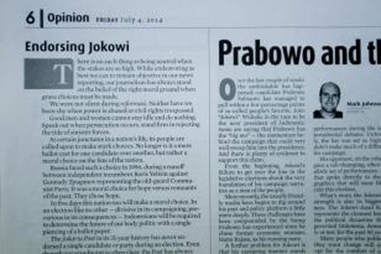 Tulisan Editorial yang menyatakan harian Jakarta Post mendukung Jokowi