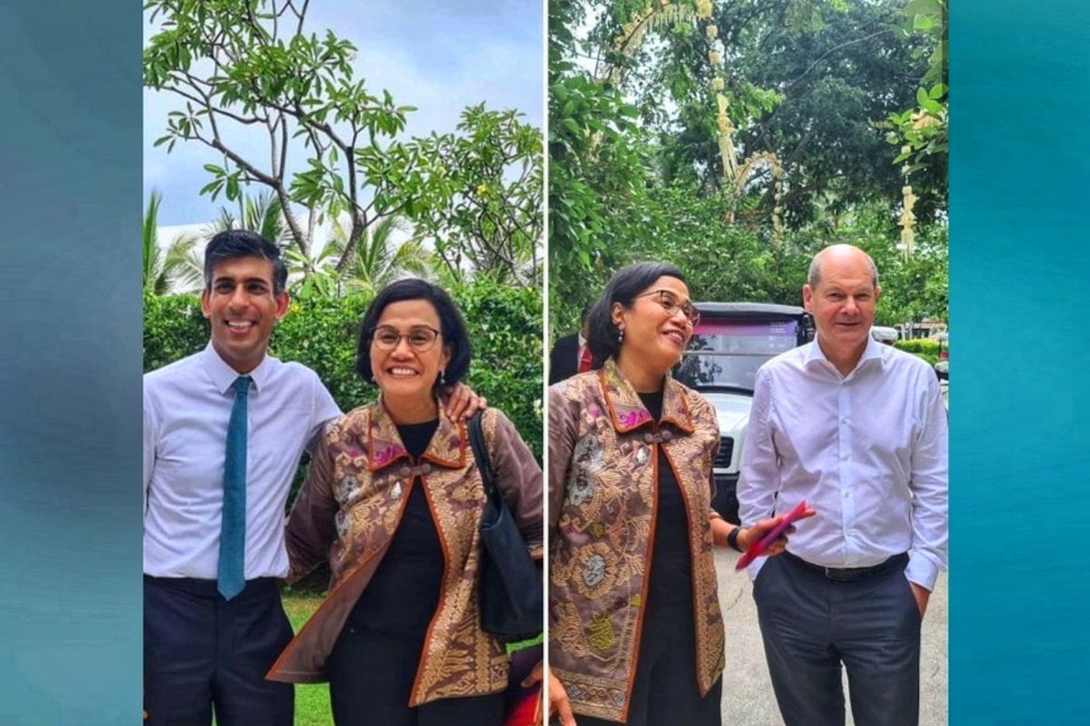 Menteri Keuangan Sri Mulyani Indrawati foto bersama Perdana Menteriris Rishi Sunak dan Kanselir Jerman Olaf Scholz disela-sela Konferensi Tingkat Tinggi (KTT) G20 di Bali, Selasa (15/11/2022).