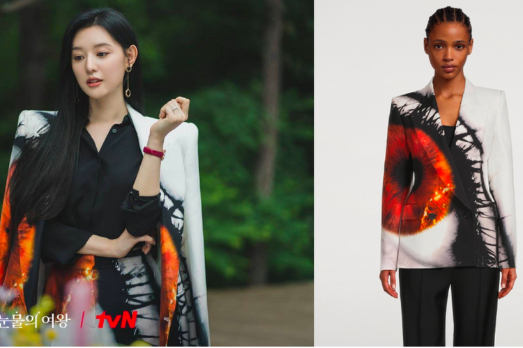 Alexander McQueen Double-Breasted Blazer In Iris Print, salah satu outfit mewah Kim Ji Won yang berperan sebagai Hong Hae In di drama Queen of Tears