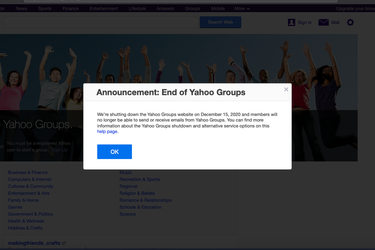Pengumuman penutupan layanan Yahoo Groups.