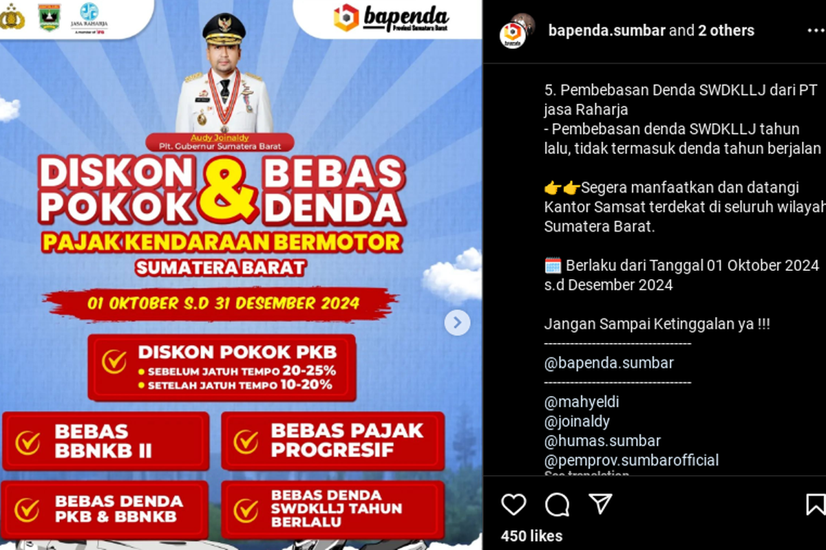 Pemutihan pajak kendaraan bermotor Sumatera Barat berlangsung 3 bulan, mulai 1 Oktober 2024.