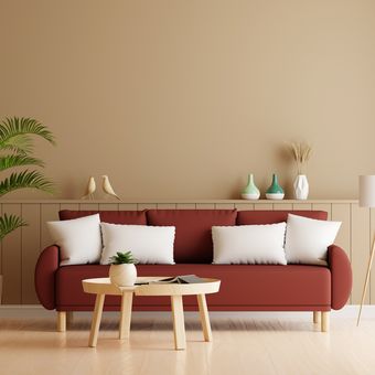 Ilustrasi ruang tamu minimalis dengan sofa berwarna cokelat