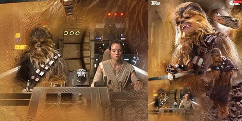 Salah satu poster film Star Wars: The Force Awakens menampilkan Chewbacca berada dalam kokpit Millennium Falcon bersama pilot baru yang menggantikan Han Solo, Rey.