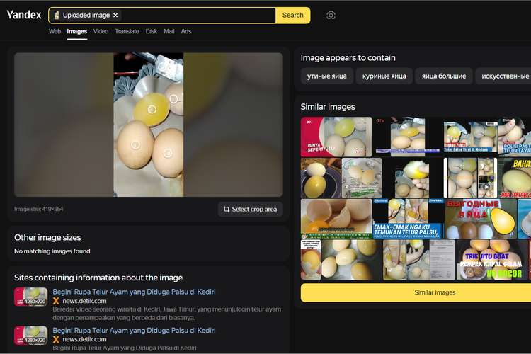 Tangkapan layar pencarian gambar di Yandex, menampilkan hasil pemberitaan nedia soal telur palsu di Kediri pada 2021.