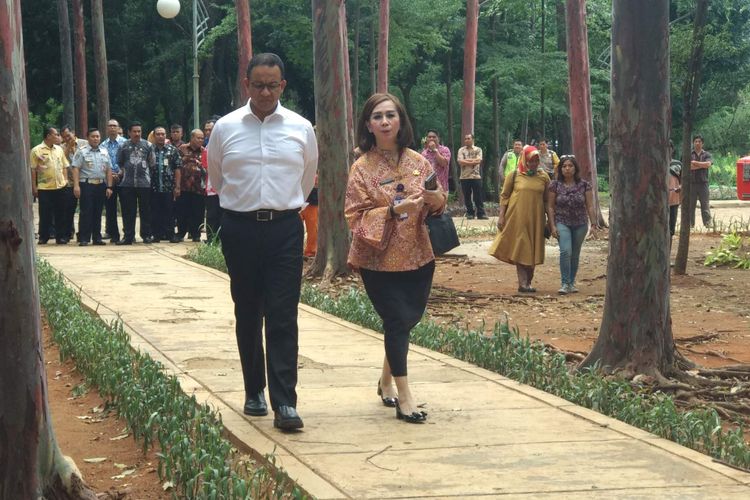 Gubernur DKI Jakarta Anies Baswedan dan Kepala Dinas Kehutanan DKI Jakarta Suzi Marsitawati meninjau Taman Honda di Tebet, Jakarta Selatan, Kamis (3/1/2019).