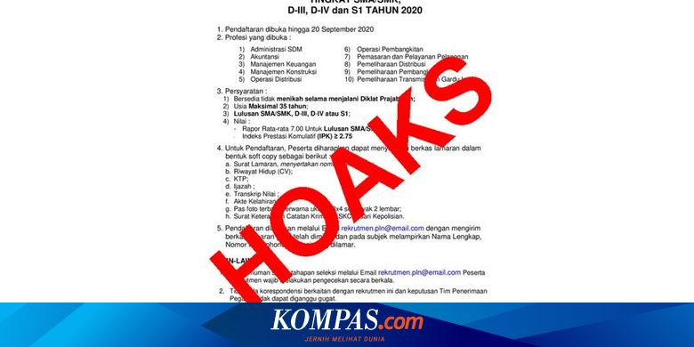 Hoaks Informasi Rekrutmen Pln Tingkat Sma S1 Dibuka Hingga 20 September 2020 Halaman All Kompas Com