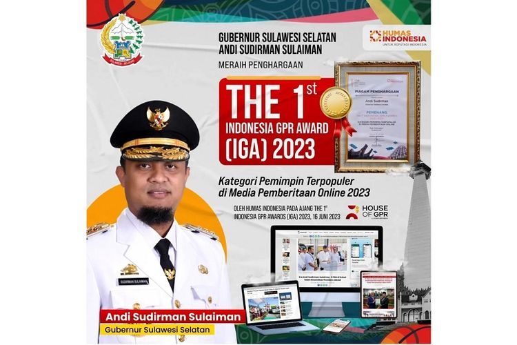 Gubernur Sulsel Andi Sudirman Sulaiman terpilih sebagai Pemimpin Terpopuler di Media Pemberitaan Online 2023. 