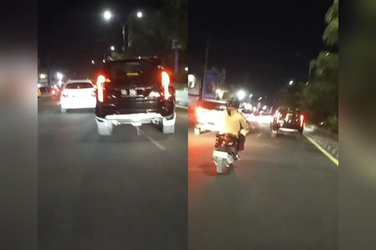 Potongan gambar aksi ugal-ugalan mobil Pajero Sport di tengah jalan hingga membuat satu pengendara motor terjatuh.