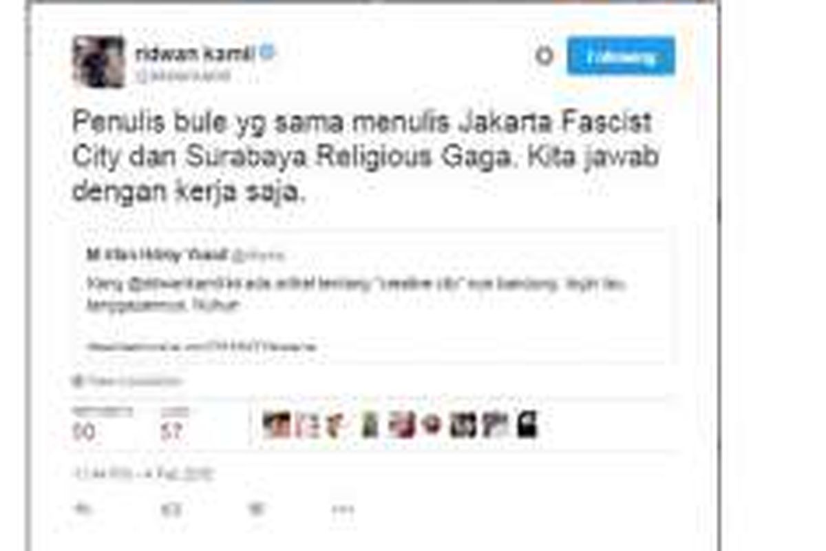 Tanggapan Ridwan Kamil di Twitter terhadap kritik Andre Vltchek
