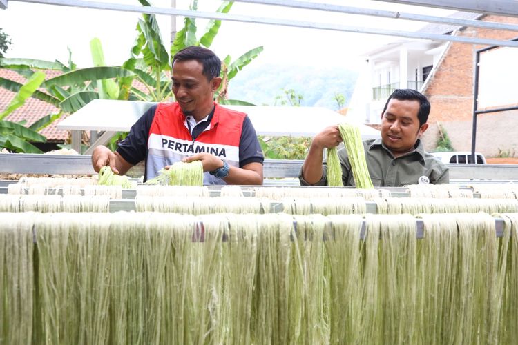 Proses produksi serat daun nanas di Desa Cikadu, Kecamatan Cijambe, Kabupaten Subang, Jawa Barat. Produksi serat daun nanas ini didampingi Pertamina EP Subang dalam program CSR Pemanfaatan Serat Olahan Daun Nanas Subang (PESONA SUBANG) sejak 2020. 