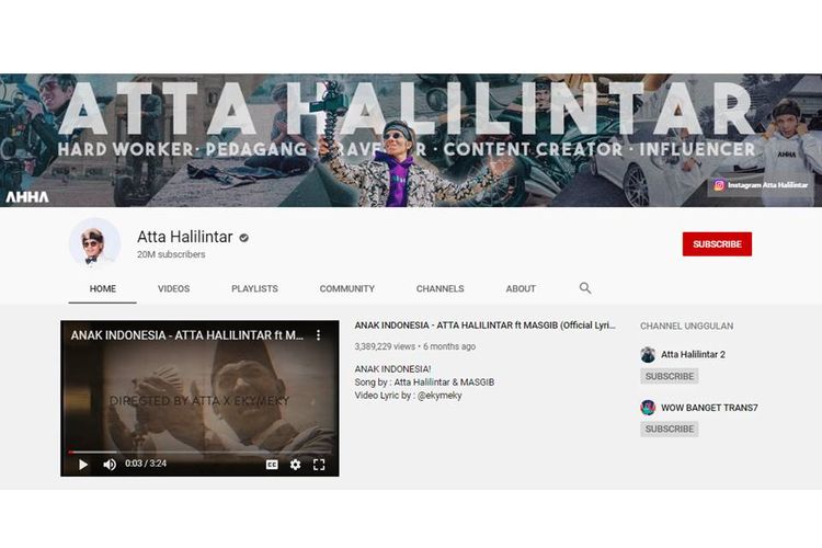 Youtube Atta Halilintar mencapai 20 juta subscriber.