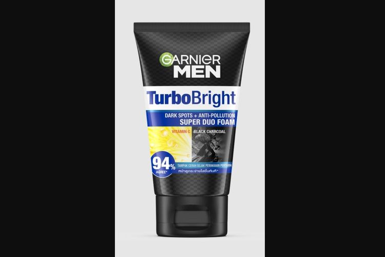 Sabun muka Garnier Men Turbo Bright Super Duo Foam untuk laki-laki.