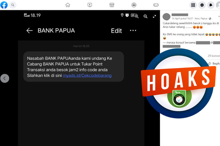 Tangkapan layar unggahan dengan narasi hoaks di sebuah akun Facebook, 12 April 2023, soal SMS berisi tautan penukaran poin transaksi Bank Papua.