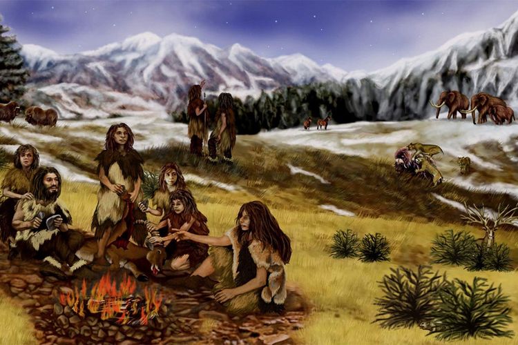 Ilustrasi manusia purba yang hidup dengan cara nomaden atau berpindah-pindah tempat.