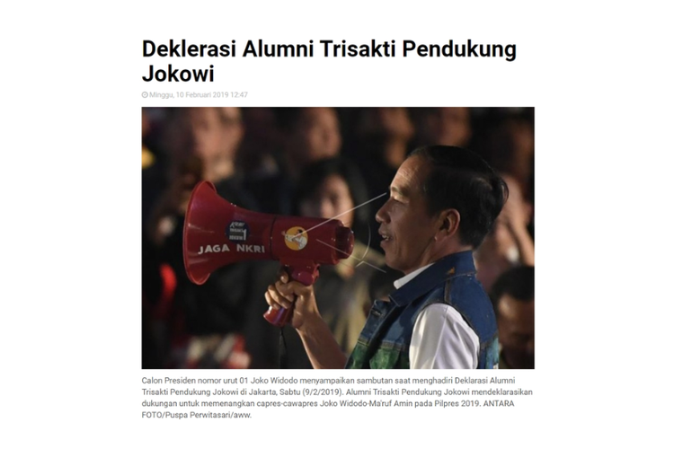 Tangkapan layar foto Antara, 10 Februari 2019, Deklarasi Alumni Trisakti Pendukung Jokowi