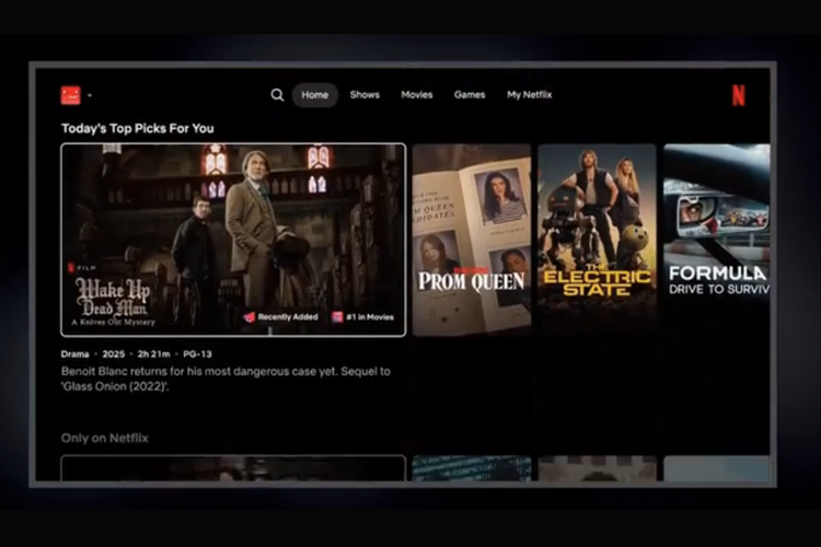 Tangkapan layar koleksi Today's Top Picks For Your di Netflix dengan tampilan antarmuka terbaru. Masing-masing konten pada koleksi ini juga disematkan label (tag) berupa Recently Added (baru ditambahkan), atau, Emmy Award Winner (pemenang penghargaan Emmy) untuk membantu memudahkan pengguna dalam memutuskan tontonan apa yang mereka pilih. 