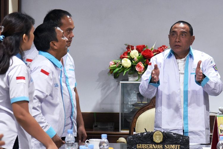 Gubernur Sumut Edy Rahmayadi saat menerima audiensi OP2SU di ruang rapat EWP Tambunan kantor gubernur, Kamis (4/4/2019)