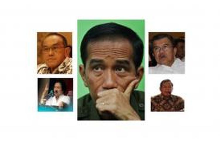 Joko Widodo (tengah), Jusuf Kalla (kanan atas), Prabowo Subianto (kanan bawah), Aburizal Bakrie (kiri atas), dan Megawati Soekarnoputri (kanan bawah)
