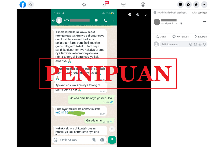 Tangkapan layar modus penipuan yang diunggah oleh sebuah akun Facebook, Minggu (5/6/2022), berisi pesan WhatsApp mengatasnamakan kasir Indomaret salah ketik kode voucher.