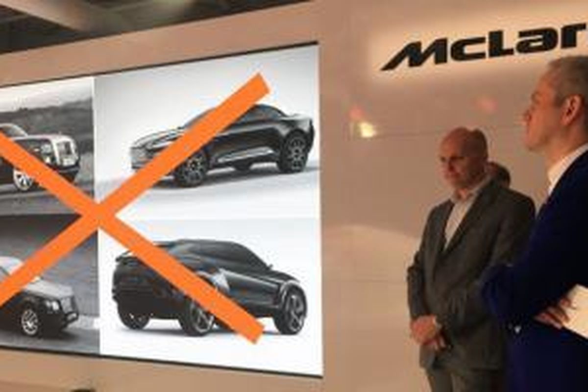 Salah satu ekspresi anti SUV dari McLaren, empat gambar SUV Lamborghini Urus, Bentley Bentayga, Aston Martin DBX, dan SUV Rolls-Royce, dipalang dengan lambang “X”. 