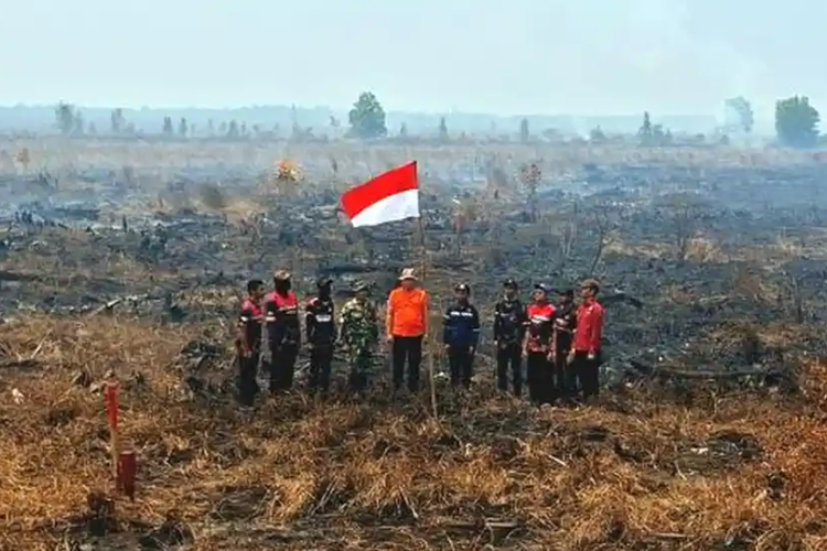 Tak Tinggalkan Tugas, Relawan Kalteng Kibarkan Merah Putih di Tengah Karhutla