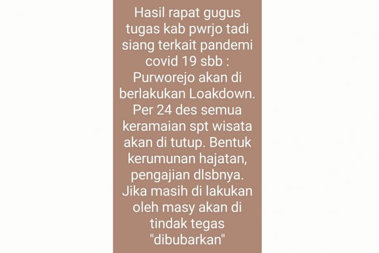 Tangkapan layar berisi informasi keliru mengenai Kabupaten Purworejo, Jawa Tengah, memberlakukan lockdown mulai 24 Desember 2020.