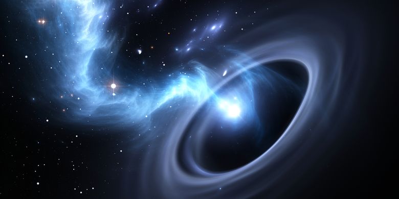 Ilustrasi material luar angkasa dan bintang masuk ke dalam pusara lubang hitam supermasif.