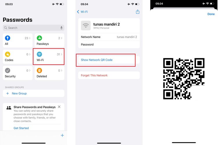 Ilustrasi cara berbagi kode QR WiFi di iPhone iOS 18.