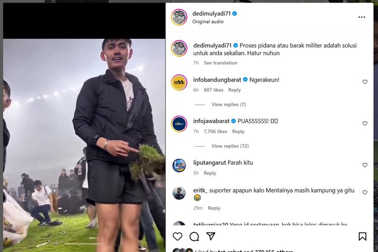 
Dalam sebuah unggahan di akun Instagram Gubernur Jawa Barat, Dedi Mulyadi @dedimulyadi71, pada Senin (26/5/2025), terlihat sejumlah oknum Bobotoh, julukan suporter Persib, melakukan aksi perusakan.