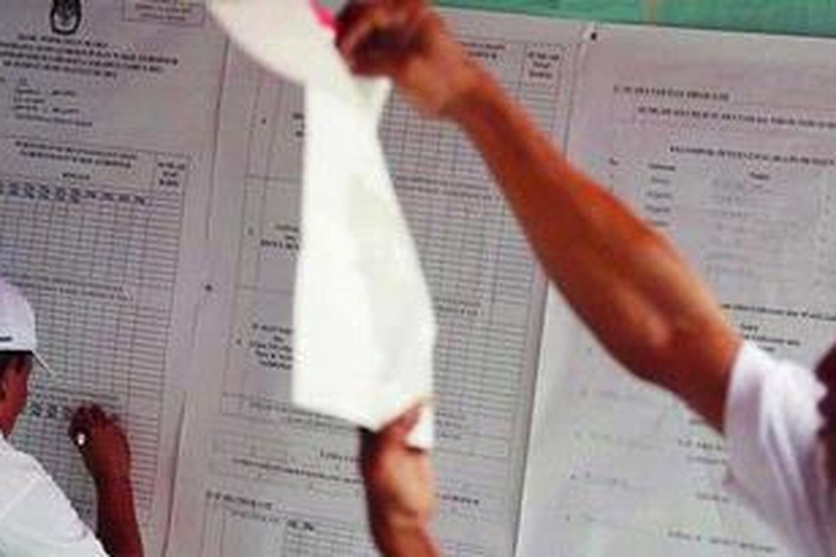 Petugas TPS 022 Gandaria Selatan, Jakarta Selatan, menghitung perolehan suara Pilkada DKI Jakarta, Rabu (11/7/2012). Di TPS tersebut, pasangan Foke-Nara dan Jokowi-Basuki bersaing ketat, dengan perolehan suara 136 dan 125 suara.