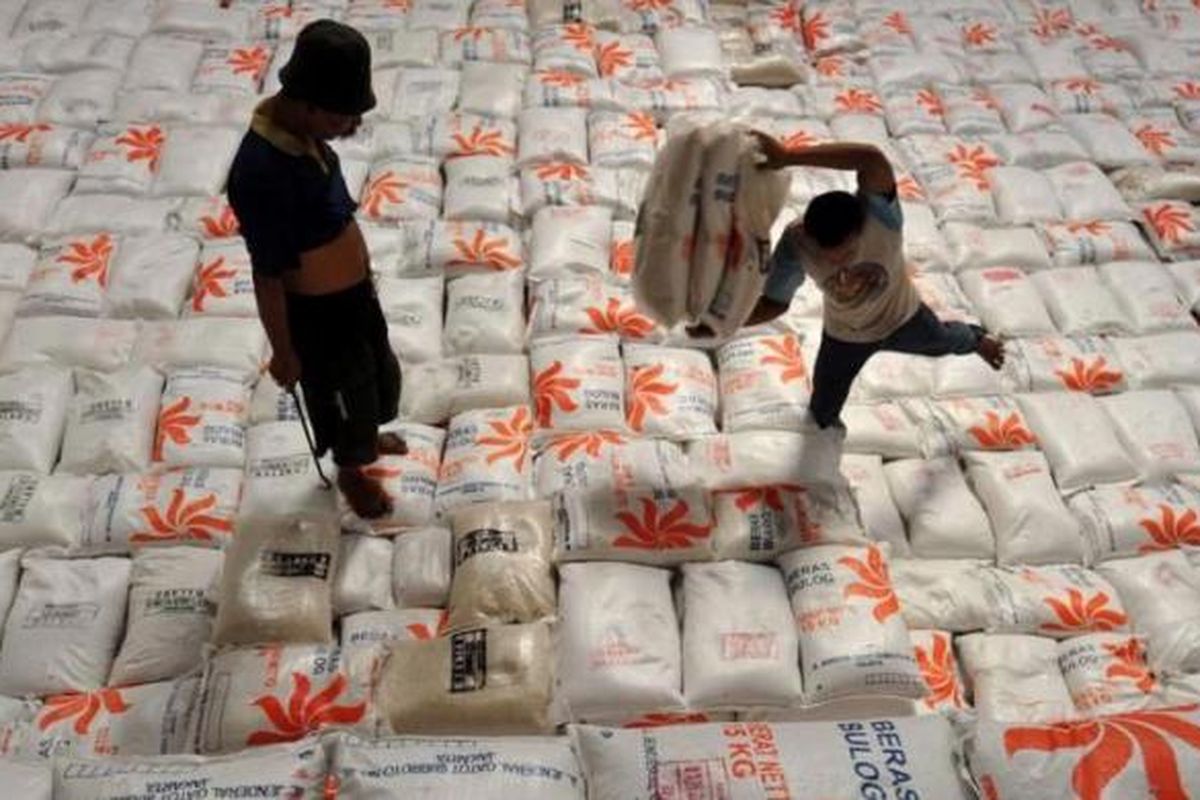 Ilustrasi beras di gudang Bulog. Cadangan beras pemerintah di Bulog sisa 295.337 ton.