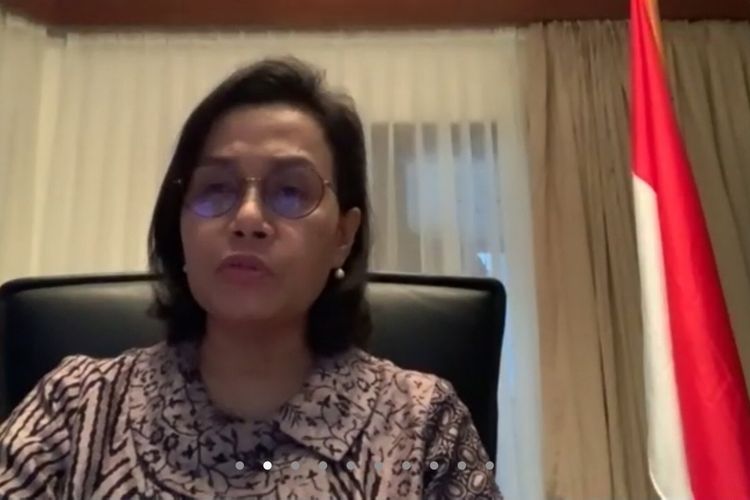 Menteri Keuangan Sri Mulyani Indrawati ketika memberikan keterangan kepada media melalui video conference di Jakarta, Selasa (24/3/2020).