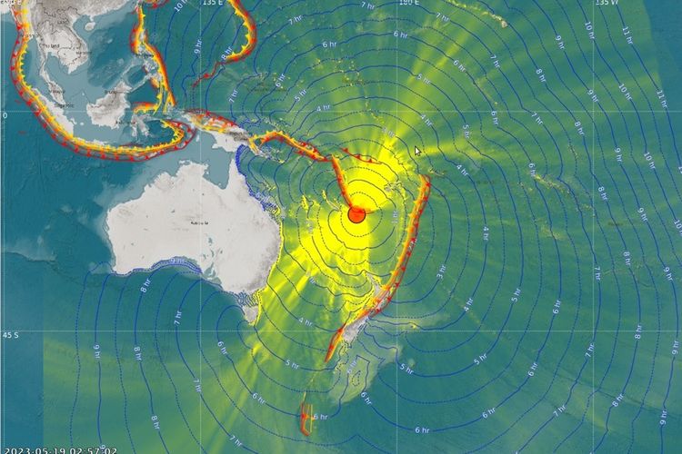 Gempa bumi dengan magnitudo (M) 7,8 mengguncang wilayah Tenggara Kepulauan Loyalty di Kaledonia Baru pada Jumat (19/5/2023) pukul 09.57 WIB.
