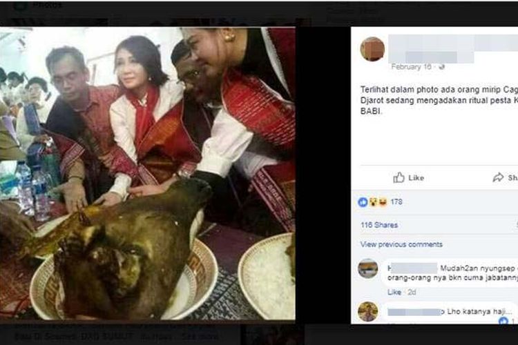 Foto pasangan Djarot Saiful Hidayat dan Sihar Sitorus menerima piring berisi kepala babi heboh di media sosial.