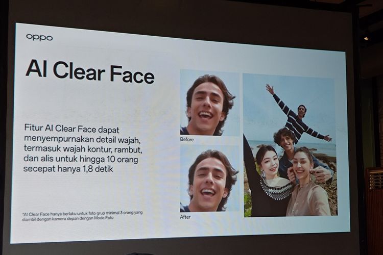 AI Clear Face merupakan fitur AI yang bisa menyempurnakan detail wajah. Detail wajah yang dimaksud di sini adalah kontur muka, bentuk rambut, tekstur alis, dan lain sebagainya. Fitur ini bisa menyempurnakan detail wajah hingga 10 orang dalam satu foto dengan proses hanya dalam waktu sekitar 1,8 detik. 