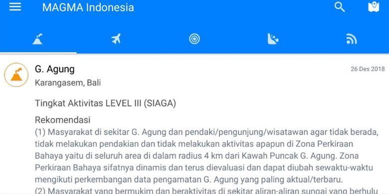 Tampilan menu laporan aktivitas gunung api aplikasi Magma Indonesia